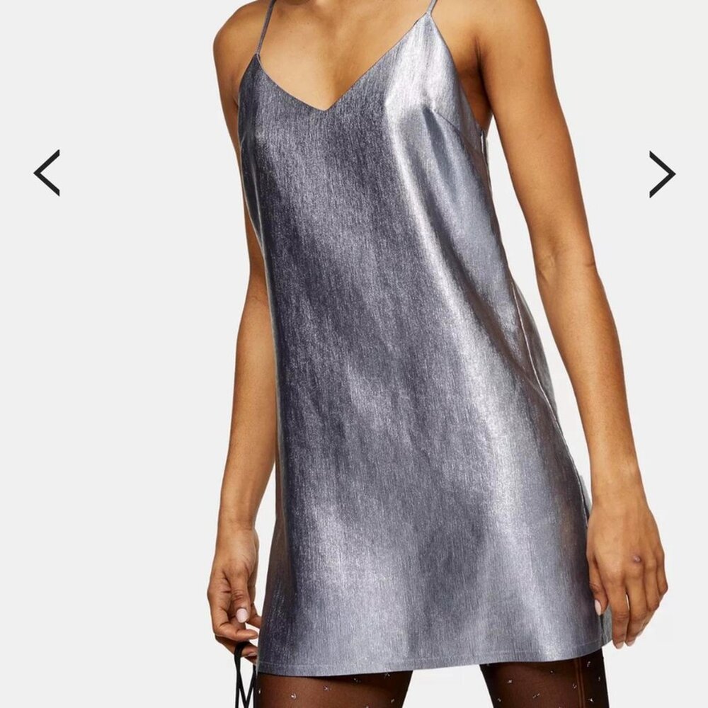 New Topshop Sz 4 Silver Metallic Mini Slip Dress